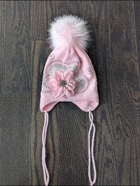 2/$25 Baby Girl Knit Hat Pink Wool Blend Pom Pom Flower Ear Flap Beanie